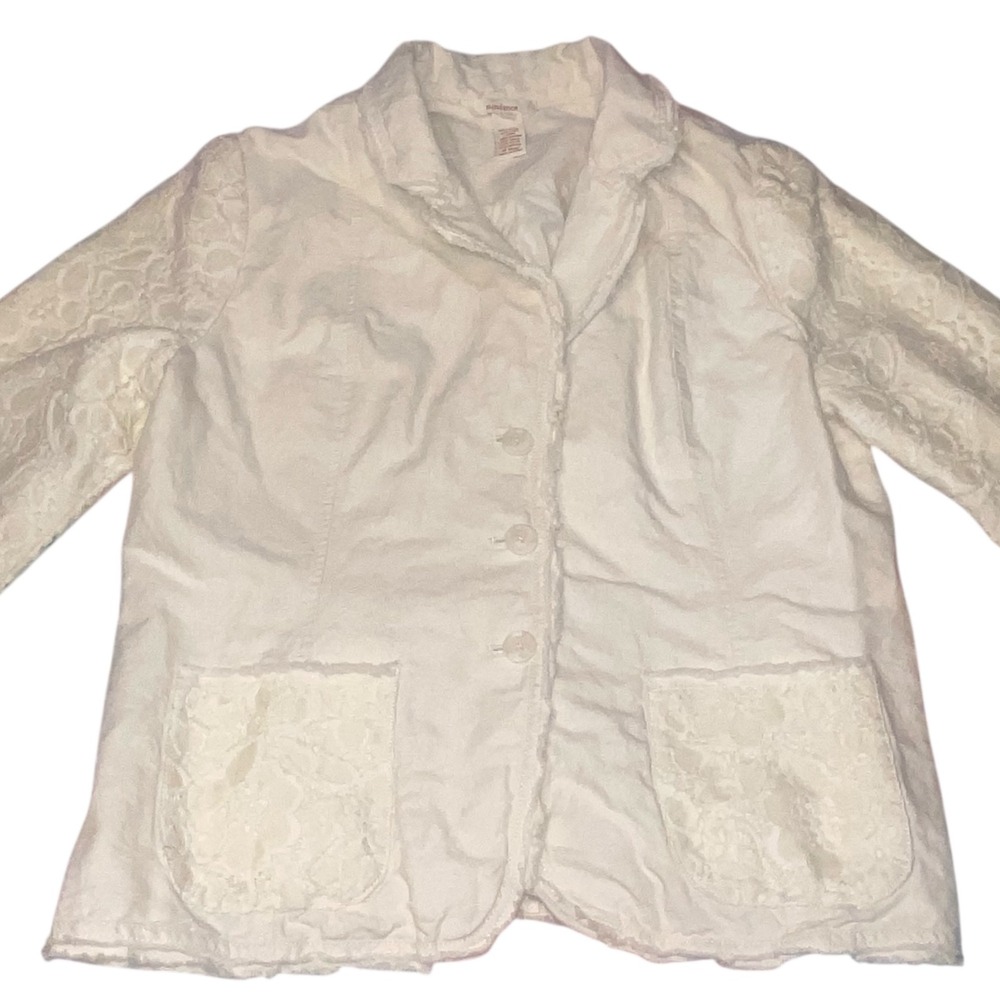 Sundance Cream Lace Trim Linen Cotton Blend Womens Jacket Blazer Size 16 Frayed - Picture 3 of 11